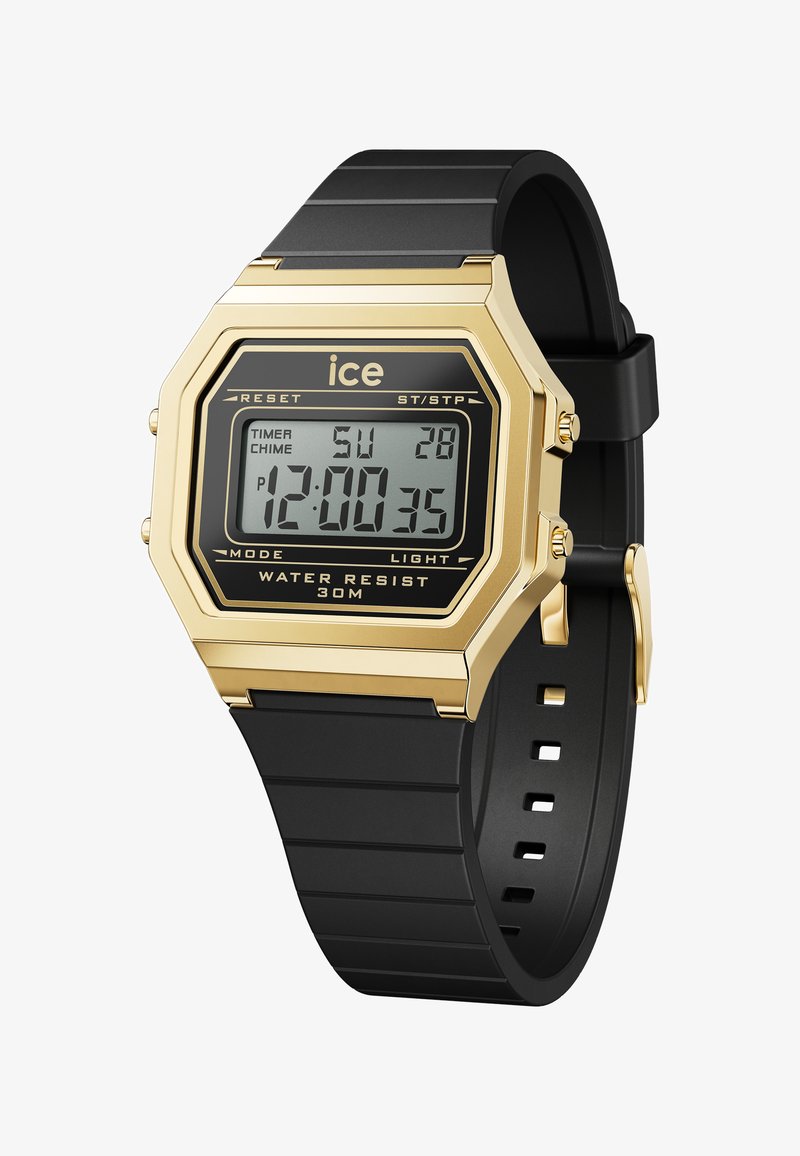 Digitalna ura z črnim gumijastim paščkom, bronasto octagonalno ohišje in LCD zaslon, ki prikazuje čas, datum ter funkcije, kot so časomer in svetilka.
