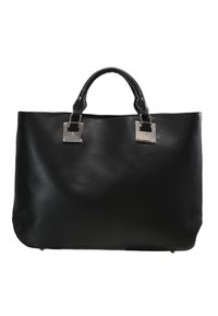 Sac en toile en cuir noir avec une finition lisse, accents en métal argenté carré sur les poignées, et un design intérieur spacieux.