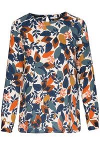 Blouse à manches longues en tissu crème, avec un motif coloré de feuilles et de fleurs aux tons bleu, orange et vert. Encolure arrondie, coupe décontractée.