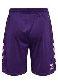 Purple athletic shorts with a smooth texture, featuring pink side stripes and a logo on the lower right leg. Elastic waistband for comfort.