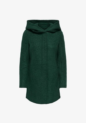 Manteau en laine vert foncé avec capuche, doté d'une finition texturée, de manches longues et d'une coupe droite. Fermeture avant au design minimal.