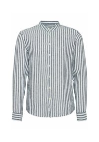 Camisa de manga larga a rayas en azul claro y azul marino. Presenta un cuello tipo banda, cierre de botones y una tela texturizada con diferentes anchos de raya.