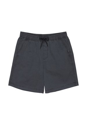 Tumši pelēkas vīriešu ikdienas šorti ar elastīgu jostasvietu un melnu auklu, sānu kabatām un izšūtiem dekoratīviem elementiem.
