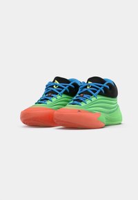 Footwear with a green and blue gradient design, black upper, blue laces, and a bright orange sole featuring textured grip patterns.