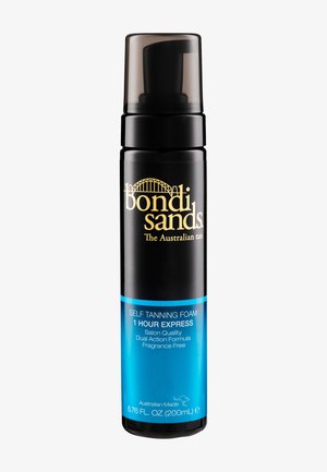 Zwarte en blauwe fles Bondi Sands zelfbruiningsschuim, 1 Hour Express, geurvrij, 200 ml, met pompdispenser en doorzichtige dop.