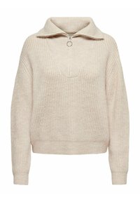 Cremfarbener Strickpullover mit einem halben Reißverschlusskragen, weiten Ärmeln und einem flachen V-Ausschnitt. Strukturierter Stoff und gerippte Akzente an den Bündchen und am Saum.