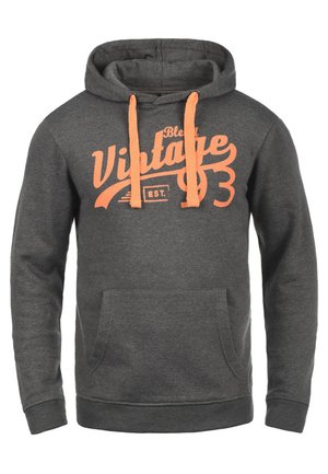 Gray hooded sweatshirt with orange drawstrings and a vintage graphic print. Features a front pocket and ribbed cuffs and hem.