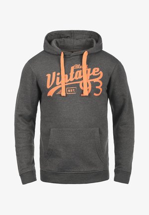 Gray hooded sweatshirt with orange drawstrings and a vintage graphic print. Features a front pocket and ribbed cuffs and hem.