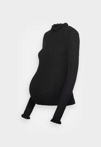 Top de maternidade preto com pregas, mangas longas e gola em babados. O tecido é macio e tem uma forma ajustada, projetado para acomodar uma barriga em crescimento.