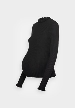 Top de maternidade preto com pregas, mangas longas e gola em babados. O tecido é macio e tem uma forma ajustada, projetado para acomodar uma barriga em crescimento.