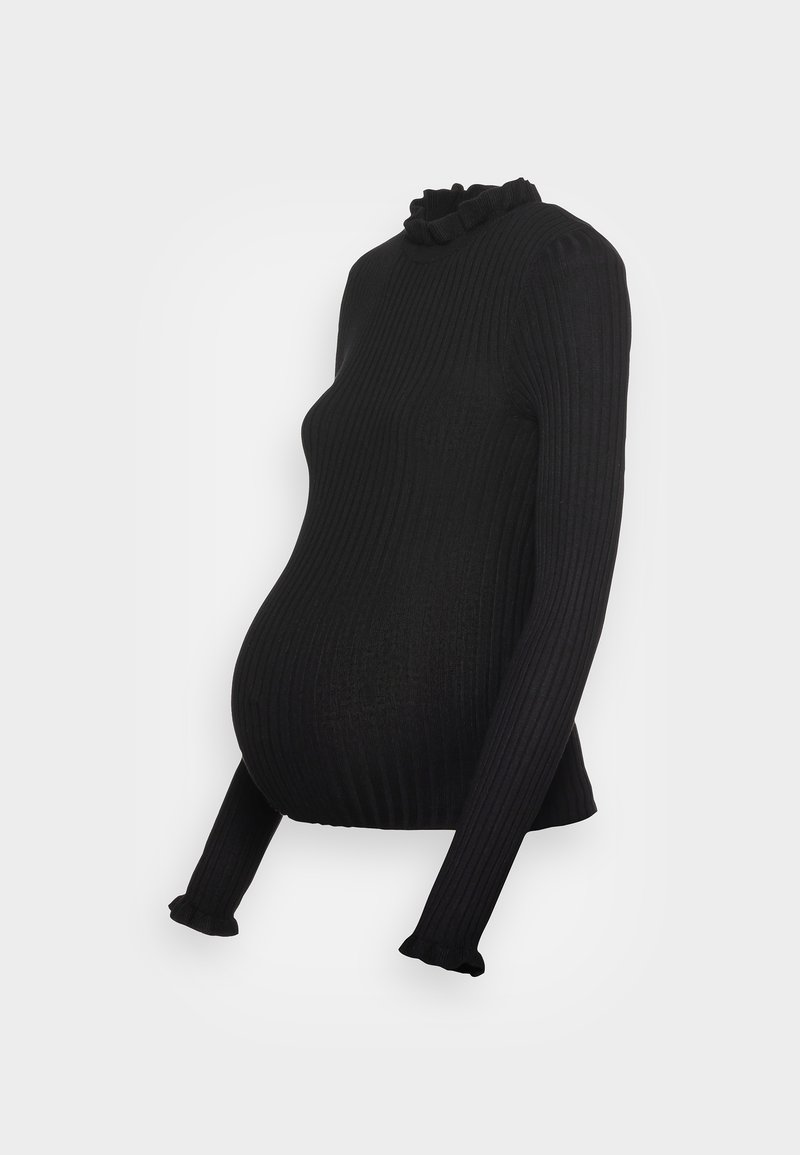 Top de maternidade preto com pregas, mangas longas e gola em babados. O tecido é macio e tem uma forma ajustada, projetado para acomodar uma barriga em crescimento.
