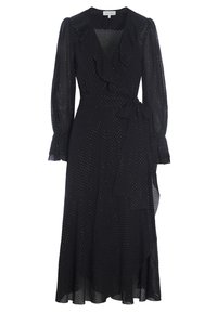 Schwarzes Kleid aus leichtem Stoff, mit Wickeldesign, gerafftem Ausschnitt, langen Puffärmeln und einem Tupfenmuster sowie einem Bindegürtel.