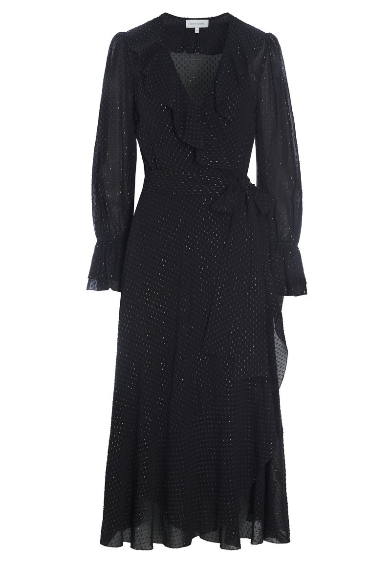 Schwarzes Kleid aus leichtem Stoff, mit Wickeldesign, gerafftem Ausschnitt, langen Puffärmeln und einem Tupfenmuster sowie einem Bindegürtel.