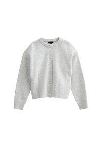 Cardigan grigio a maglia con scollatura tonda, chiusura con bottoni e polsini e orlo a costine. Tessuto morbido, design corto e senza motivi.