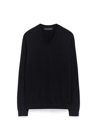 Maglione nero a scollo a V realizzato in materiale morbido. Caratterizzato da maniche lunghe e polsini e orlo a coste. Design semplice con un branding minimalista sul petto.