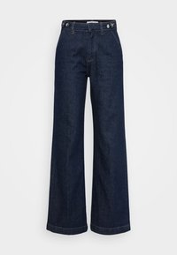 Dark blue high-waist wide-leg jeans with button adjusters on the waistband, front pockets, and a zip fly closure.