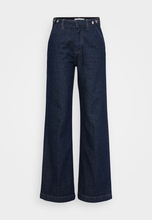 Dark blue high-waist wide-leg jeans with button adjusters on the waistband, front pockets, and a zip fly closure.