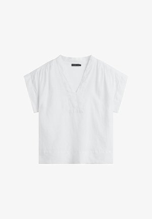 Witte blouse met korte mouwen, V-hals en een losse pasvorm, gemaakt van lichtgewicht stof.