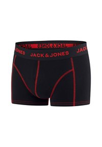 Zwarte boxershorts met een rode elastische tailleband met het "JACK & JONES" logo; rode stiksels als accent en een ondersteunend ontwerp.
