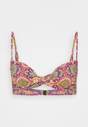 Kleurrijke bikinitop met een paarse bloemenpatroon, verstelbare banden en een voorste twistdesign. Bevat een haaksluiting op de rug.