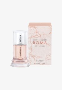 Laura Biagiotti Roma Fiori Bianchi Eau de Toilette Sprühflasche und passender pinker marmorierter Karton, 50 ml.