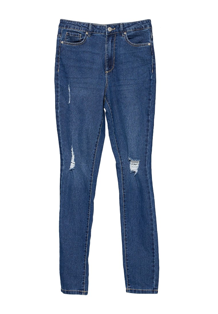 Objekt: Blå denimjeans med slim fit. Funktioner inkluderar rivna detaljer vid knäna, fem fickor och en standard knappmidja.