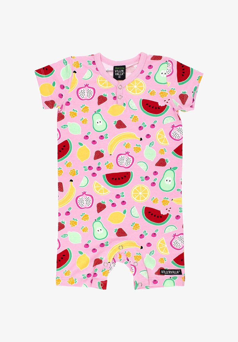 Różowy kombinezon krótki z krótkim rękawem z wzorem owocowym, zawierający arbuzy, cytryny, gruszki i truskawki. Wykonany z bawełny organicznej. Zatrzaski na dole.