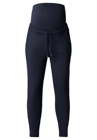 Maternity joggers in navy blue, featuring a stretchy panel for support, tapered legs, drawstring waistband, and smooth fabric texture.