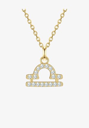 Aranylánc nyaklánc, amelyen a Libra csillagjegy szimbóluma látható, tiszta kristályokkal díszítve, geometrikus formával és fényes felülettel.