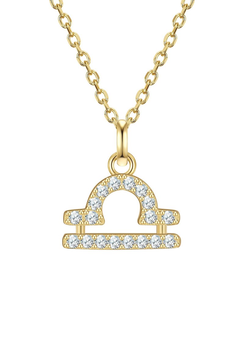 Kuldne kaelakee, millel on Libra tähekuju ripats, millel on selged kristallid, näidates geomeetrilist kuju ja poleeritud viimistlust.