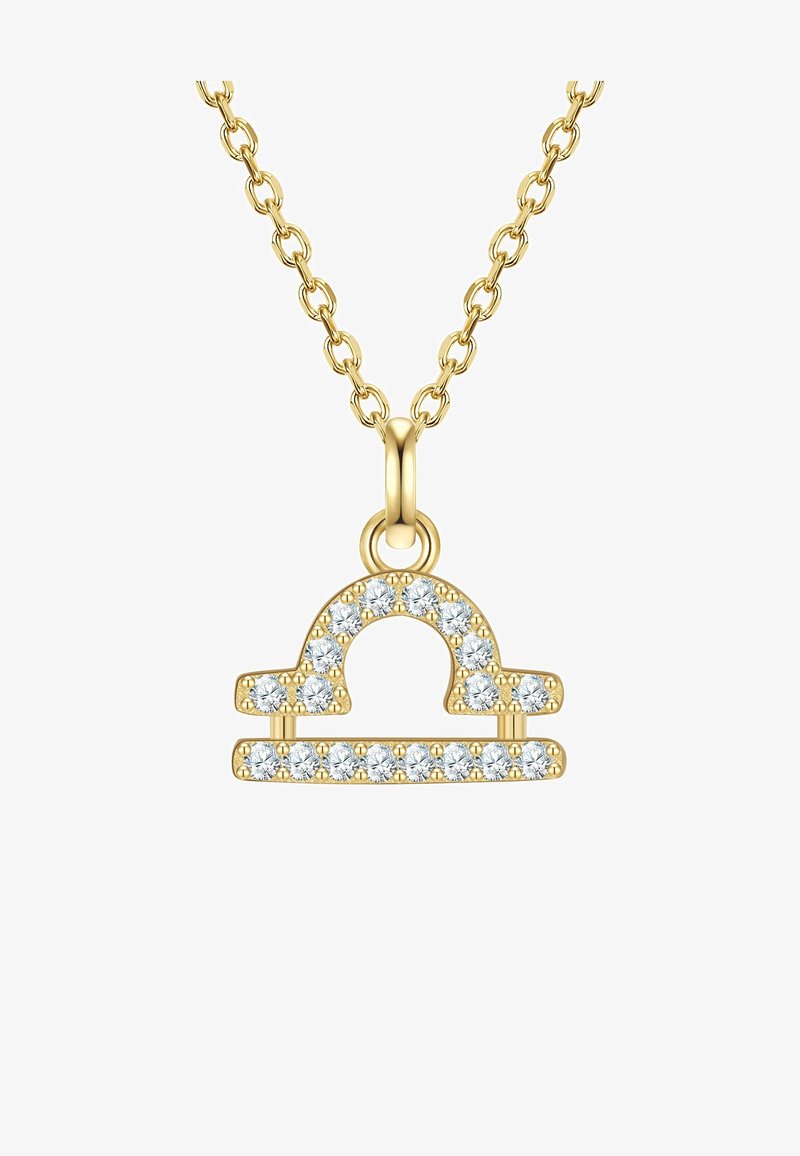 Kuldne kaelakee, millel on Libra tähekuju ripats, millel on selged kristallid, näidates geomeetrilist kuju ja poleeritud viimistlust.