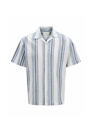 Kortärmad skjorta med knappknäppning i vitt, med blå randiga mönster. Tillverkad av lättviktig tyg med klassisk krage och avslappnad passform.