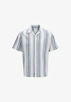 Kreklu ar īsām piedurknēm baltā krāsā, ar ziliem svītrojumiem. Izgatavots no viegla auduma, ar klasisku apkakli un brīvu piegriezumu.