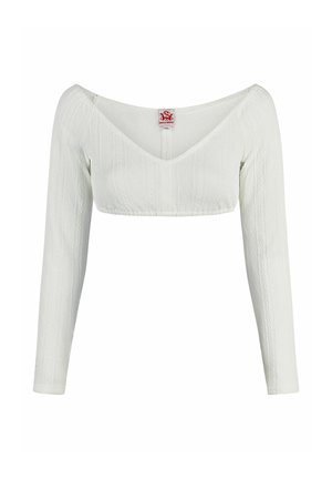 Weißes langärmeliges Crop-Top mit V-Ausschnitt, strukturiertem Strickmuster und tailliertem Design; enthält ein Markenschild am Ausschnitt.