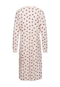 Pink nightdress featuring a heart pattern in brown, long sleeves, and a round neckline, made from soft, comfortable fabric.