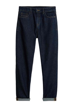 Dunkelblaue Denim-Jeans mit hochgekrempelten Säumen, vorderem Knopf und Fünf-Taschen-Design mit sichtbaren Nähten.