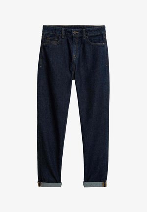 Ciemnoniebieskie jeansy z denimu z podwiniętymi mankietami, przednim guzikiem i fasonem z pięcioma kieszeniami oraz widocznym przeszyciem.