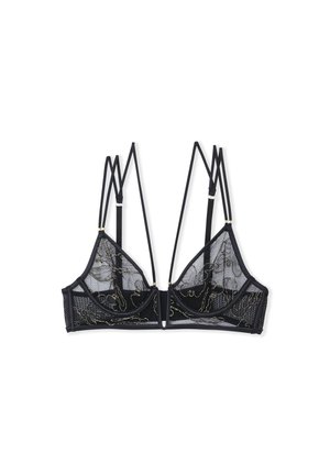 Bralette in pizzo nero con ricami dorati, dotato di coppe triangolari non imbottite, spalline incrociate e chiusura a gancio. Design in rete di tessuto testurizzata.