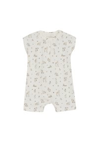 Kortärmad babydress i krämfärgad tyg, med ett blommigt och djurmotiv i mjuka beige toner. Tryckknappar i botten för enkelt klädbyte.