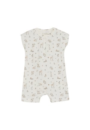 Shorty en tissu crème pour bébé, avec un imprimé floral et animal dans des tons beige doux. Fermeture à pression en bas pour un habillage facile.