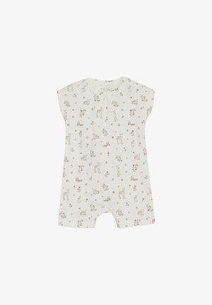 Korte mouwen baby romper van crème stof, met een bloemen- en dierenprint in zachte beige tinten. Drukknoopsluiting aan de onderkant voor gemakkelijke aankleding.