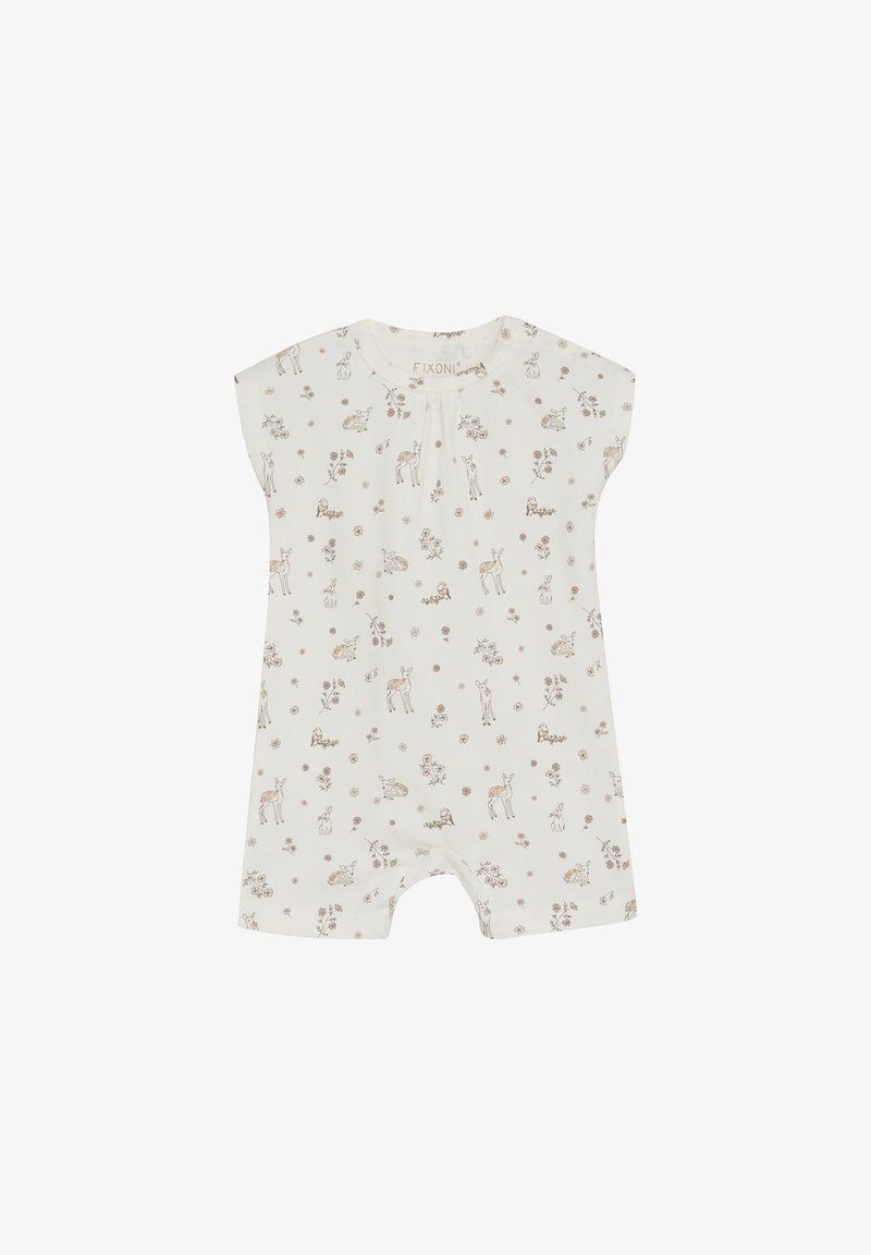 Krótki rękaw dziecięcy kombinezon w kremowym kolorze, z kwiatowym i zwierzęcym wzorem w miękkich odcieniach beżu. Zapięcie na napy na dole ułatwiające ubieranie.