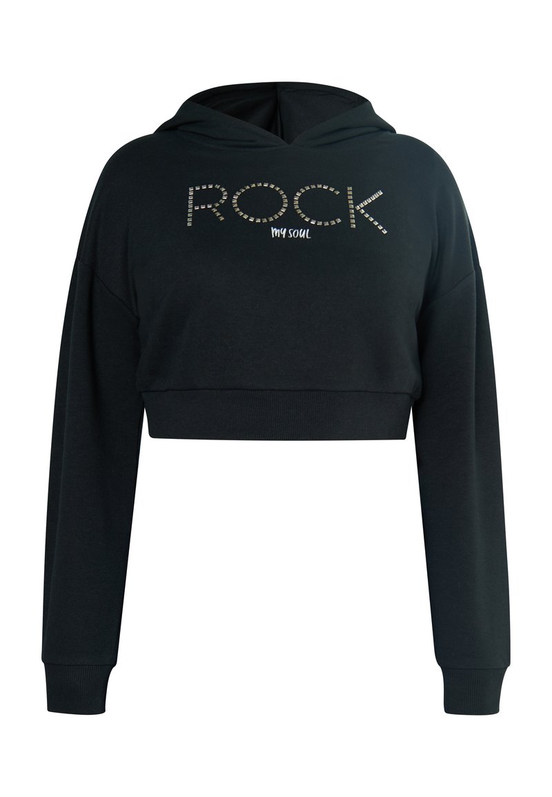 Felpa corta nera realizzata in un morbido tessuto, con cappuccio, maniche lunghe e un design in strass che scrive "ROCK my soul" sul davanti.