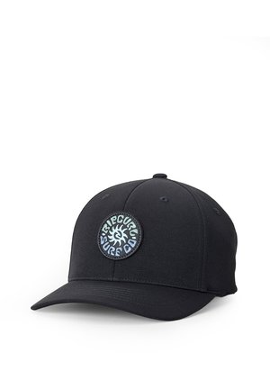 Sort baseballkasket med buet skygge, der har et rundt mærkelogo med teksten "Rip Curl Surf Co" og et stiliseret solmotiv i midten.