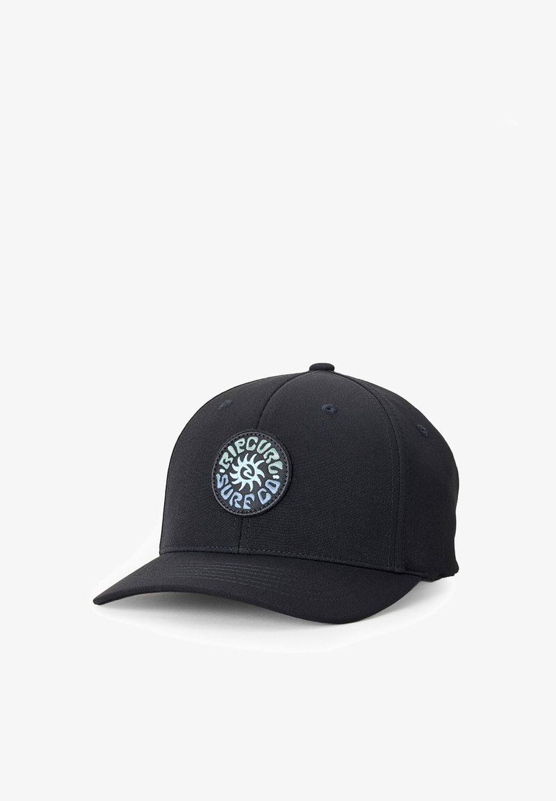 Schwarze Baseballkappe mit gebogenem Schirm, die ein rundes, mit "Rip Curl Surf Co" beschriftetes Logo und ein stilisiertes Sonnendesign in der Mitte zeigt.