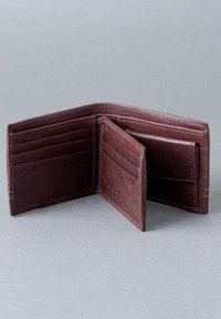 Brown leather wallet with multiple card slots, a central pocket, and textured finish. Features a stitched edge and embossed logo.