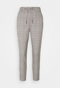 Grijze geruite broek met een verstelbare taille, met een getailleerde pasvorm, subtiele textuur en een enkel-lange snit. Klassiek patroonontwerp.