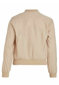 Veste bomber beige à manches longues avec col, poignets et ourlet côtelés, vue de dos sur un fond blanc.