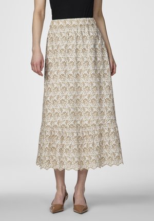 White floral-patterned midi skirt with a gathered waist and ruffled hem. Features beige and gold accents in a lightweight fabric.