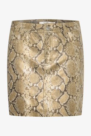 Mini gonna con stampa serpente e finitura metallica in tonalità di oro e beige. Presenta chiusura con bottone e tasche anteriori. Superficie testurizzata.